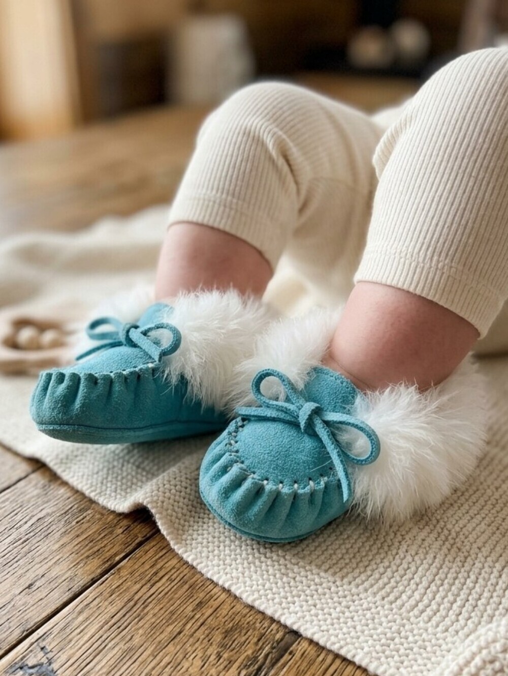 LAURENTIAN CHIEF Fur Trim Collar Turquoise Suede Baby Infant Moccasins, Size 3